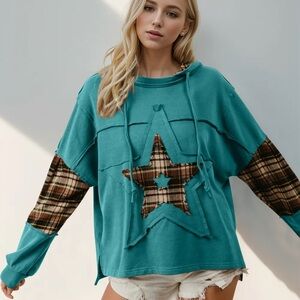 NWT Women’s Double Take Drawstring Plaid Star Patch Long Sleeve Hoodie XL Teal